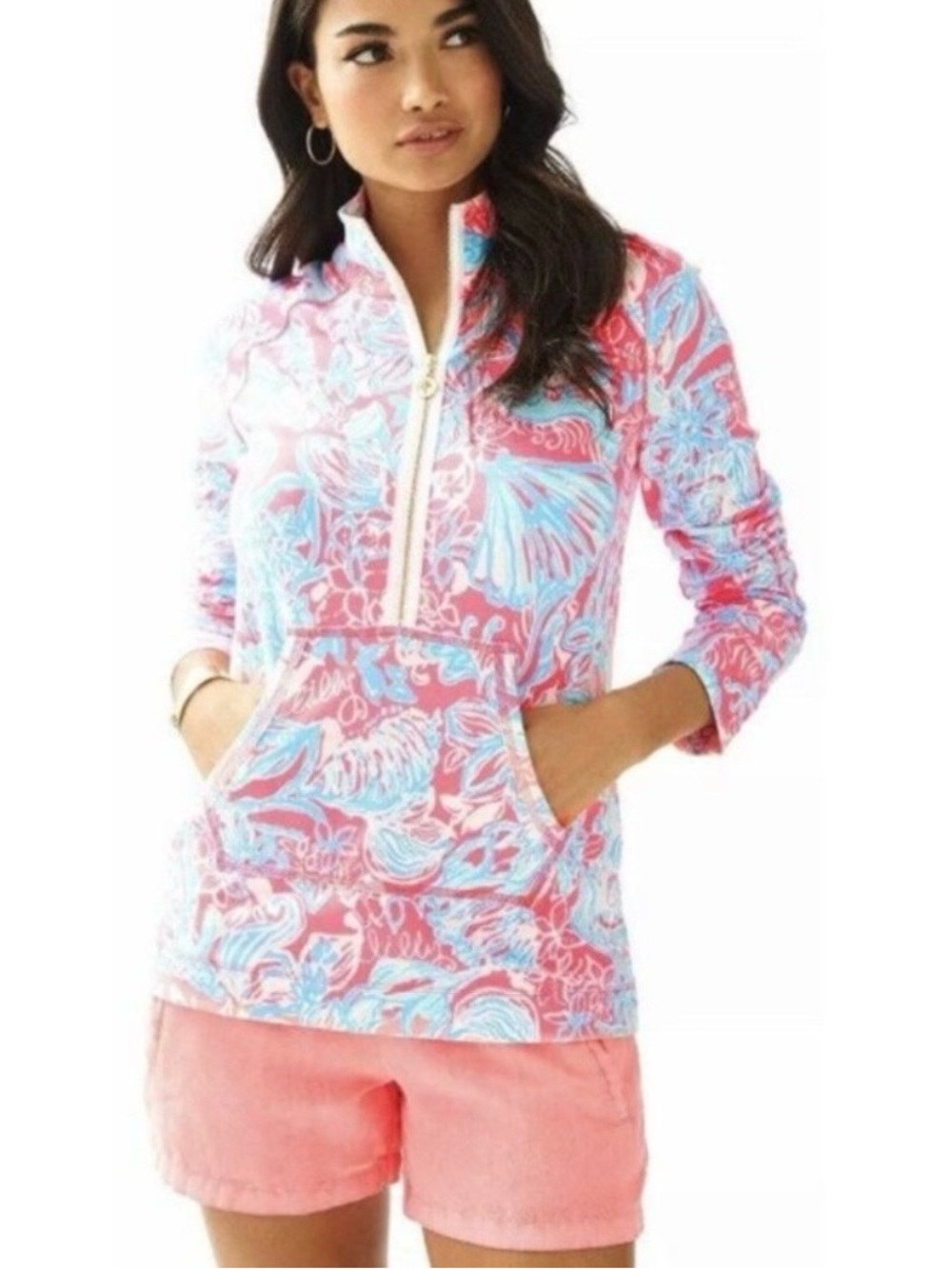 Lily Pulitzer Floral Print Half-Zip Pullover in Pink & Light Blue